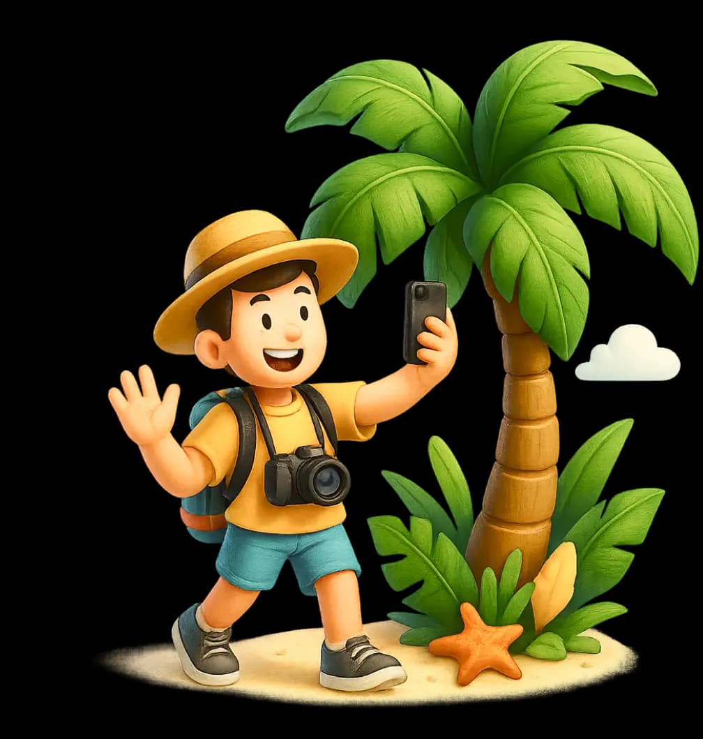 Cartoon boy with camera and phone in tropical setting